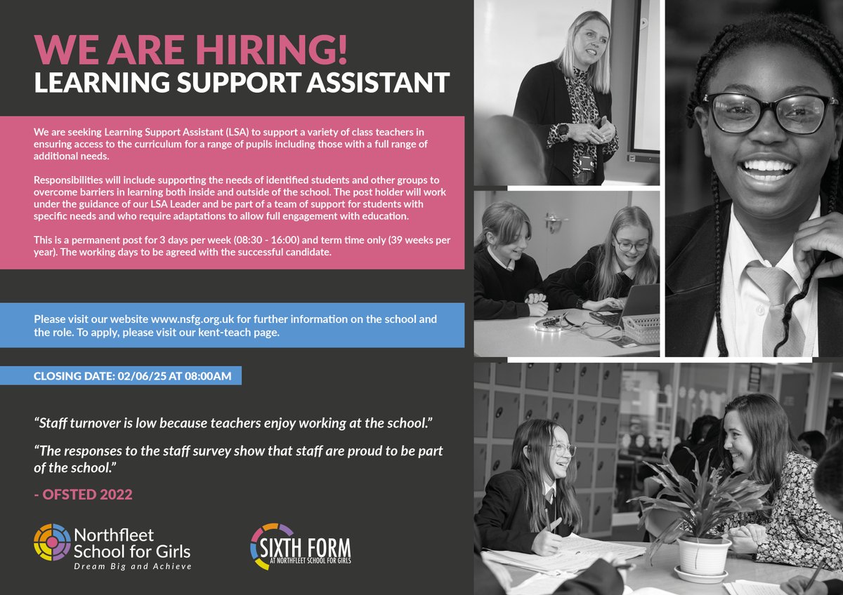 VACANCY - LEARNING SUPPORT ASSISTANT

We are looking for someone to join our Learning Support team.

To learn more and to apply, visit: kent-teach.com/Recruitment/Va…

#gravesend #northfleet #gravesham #kentteach #jobsinkent #kentjobs #ebbsfleet #dartford #meopham #northkent