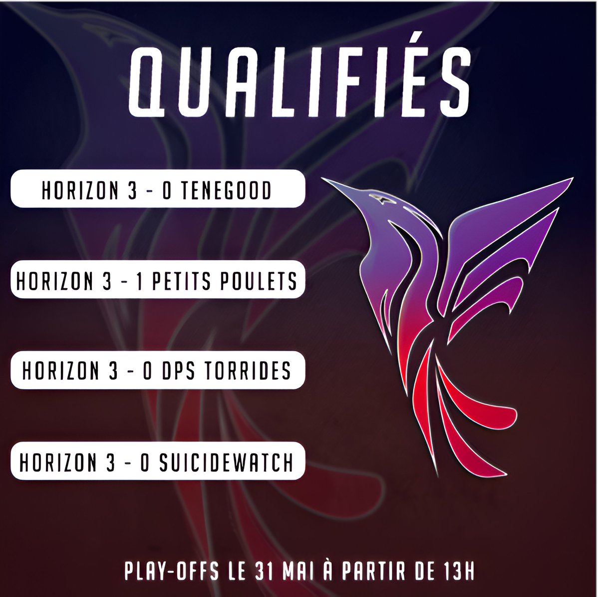 Une annonce tardive, mais une annonce qui vaut le coup 👀

Nous sommes en play-offs d'amateur 2 du <a href="/PlayAllForOneFR/">Overwatch AllForOne France</a> !! 🔥

Et avec un quasi clean-sheet !

Rendez-vous à partir de samedi 31 mai 13h sur la chaîne de <a href="/buster_0w/">Félix ''Buster''</a> pour suivre les phases finales 😎