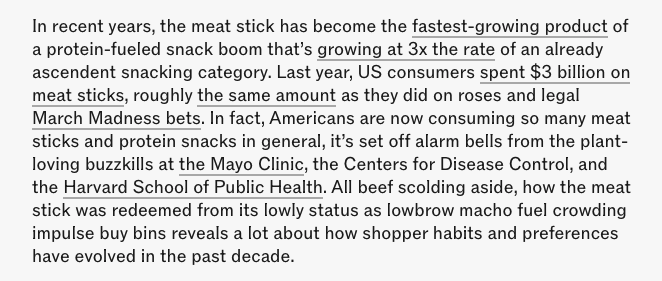 Adam Chandler (@allmychandler) on Twitter photo For <a href="/sherwood_news/">Sherwood News</a>, I wrote about the proteinaissance and how the craft community and alt-diet world turned the U.S. into a MEAT STICK NATION.
sherwood.news/culture/how-am… h/t <a href="/gochomps/">Chomps</a> <a href="/RighteousFelon/">Righteous Felon</a> For <a href="/sherwood_news/">Sherwood News</a>, I wrote about the proteinaissance and how the craft community and alt-diet world turned the U.S. into a MEAT STICK NATION.
sherwood.news/culture/how-am… h/t <a href="/gochomps/">Chomps</a> <a href="/RighteousFelon/">Righteous Felon</a>