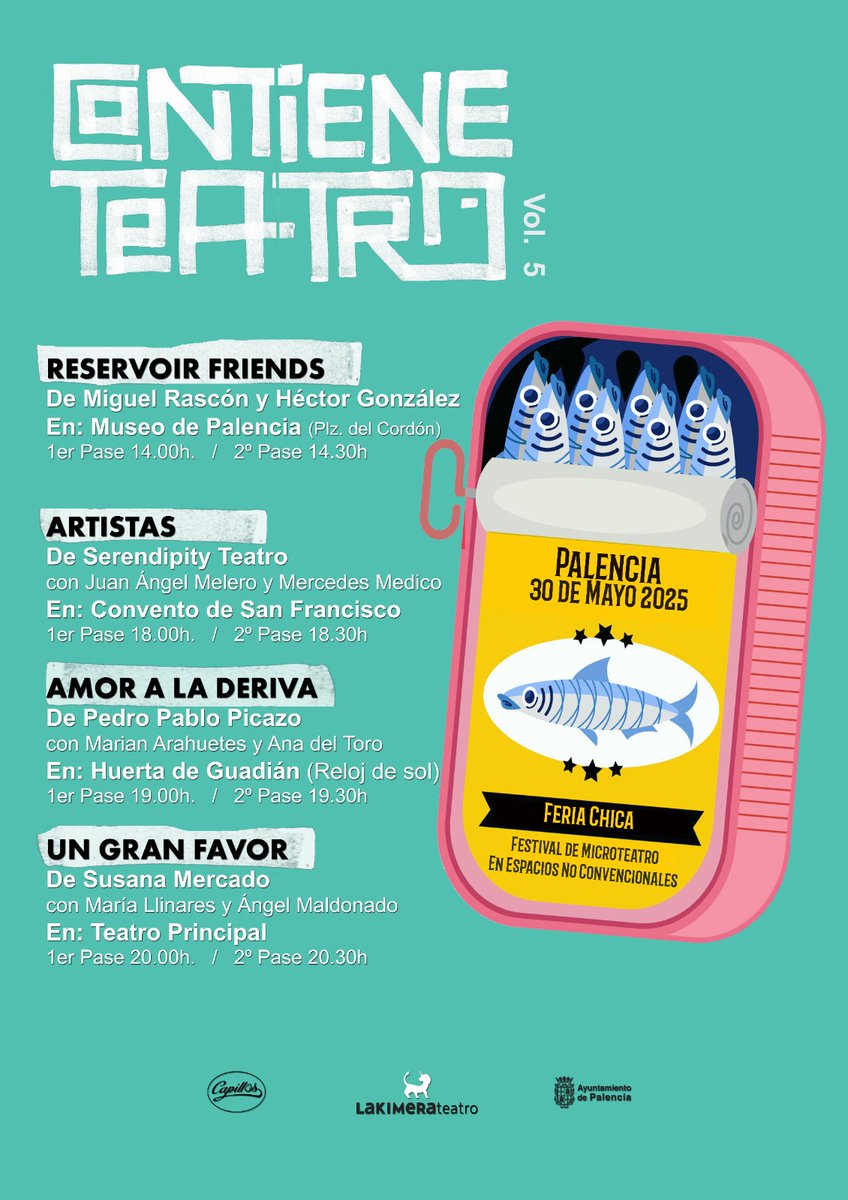 CONTIENE TEATRO Vol.V
Este 30 de Mayo vuelve #ContieneTeatro , la 5° edición del Festival de Microteatro en Espacios No Convencionales de Palencia. 
¡Entrada libre y gratuita hasta completar aforo! 

Programación ⬇️⬇️⬇️⬇️