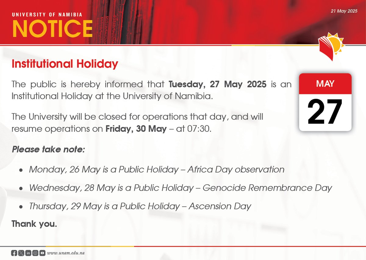 unam_na's tweet image. Tuesday, 27 May: UNAM Institutional Holiday