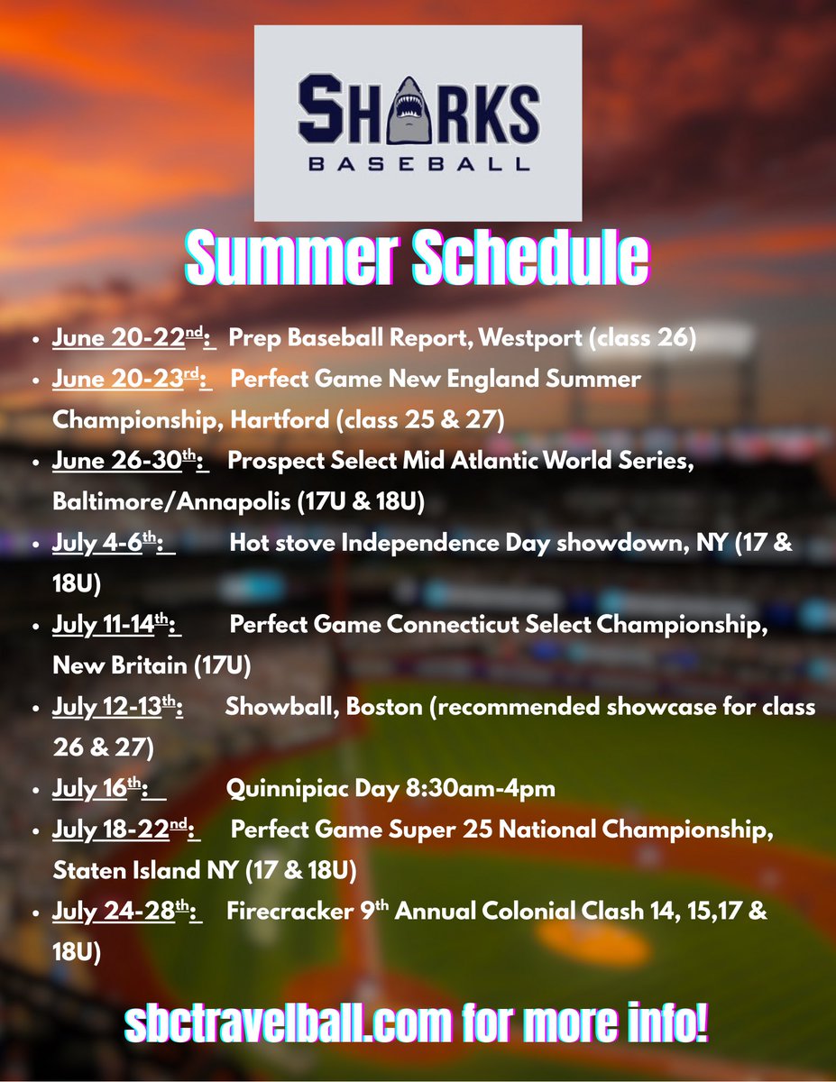 📣 SHARKS SUMMER SCHEDULE DROP! 📣 Mark your Calendars! #CTSharksBaseball #TravelBaseball