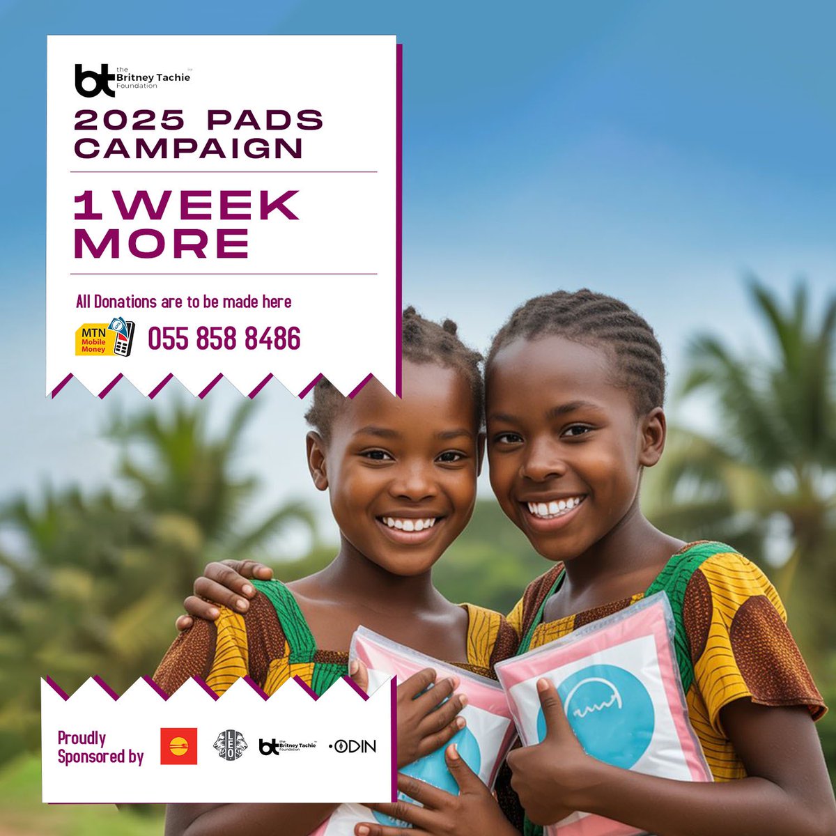 🔥🔥🔥🔥🔥🔥🔥🔥🔥🔥
Just one week more! We’re almost set to reach 500 girls with menstrual hygiene education and supplies.
You can still donate to our campaign 0558588486 🫶🏼
#PadsCampaign2025 #EmpowerHer