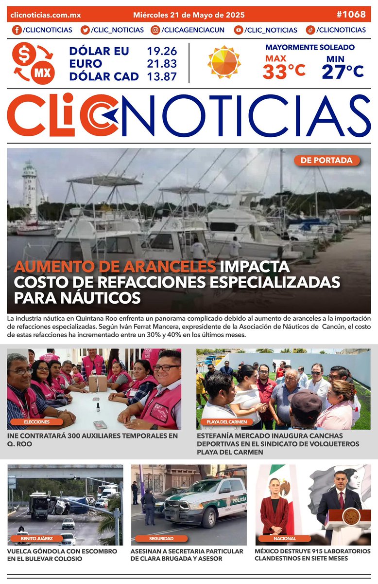 Infórmate ‼️ La portada en un CLIC📰👆🏻
🗓️Miércoles, 21 de mayo del 2025 
🌐clicnoticias.com.mx
#LalnformaciónEnUnClic #ClicNoticias
#news #QuintanaRoo #buenosdías #cancún
#goodmorning #QuintanaRoo #ClicNoticias
clicnoticias.com.mx