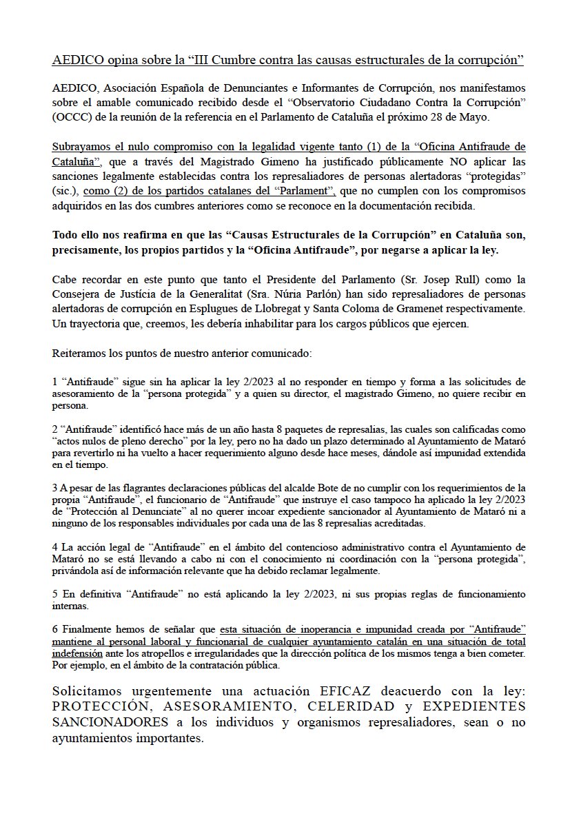 AEDICO_org's tweet photo. AEDICO opina sobre la “III Cumbre contra las causas estructurales de la corrupción”
Nos manifestamos sobre el amable comunicado del “Observatorio Ciudadano Contra la Corrupción”( @StopCorrupcio ) de la reunión en el @parlamentcat del 28 de Mayo
👇 https://t.co/voGx7jimcE https://t.co/k7AKOrCsWf