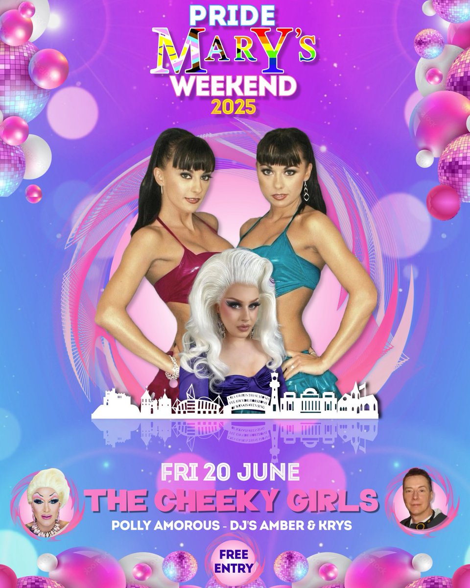 MarysCardiff's tweet photo. Here is our #PrideMarys 2025 lineup so far:

@thecheekygirls @thedannybeard @thepollyamorous @AmberDextrous1 @djflyboy79 Jolene Dover, @marygoldsdrag Dr Bev, Miss Kitty, Pixie Perez, Joanna Bumme, Gypsy Divine, DJ Jay and DJ Krys 

Sunday lineup drops Friday ☺️ https://t.co/FZjJp92M3Y