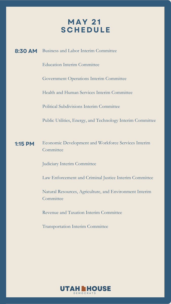 utahhousedems's tweet photo. Welcome back to the Capitol! Here’s the interim schedule for today. 

Remember that you can join any of these meetings online at https://t.co/Uj0ygozcNh! https://t.co/JV35oC3aSF