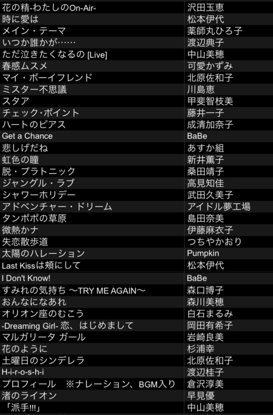 80'sアイドル好きなあなたへ～7月5日(土)空けといてください♪

カフェラウンジのアレです🪩
夏うたでワイワイしたいので7月開催です！

3月に開催した時のリスト置いときますねー