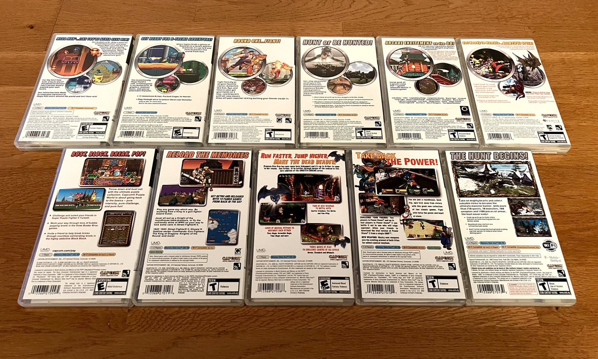JoshuaMFrench's tweet photo. In 2006-2007 Capcom branded PSP releases with similar covers and even spine art that lined up (with the exception of MHF2). This phase yielded some of the handheld’s most essential and perfectly optimized games, many of which haven’t been topped in nearly 2 decades. #PSPWednesday https://t.co/mqC54mpTqw