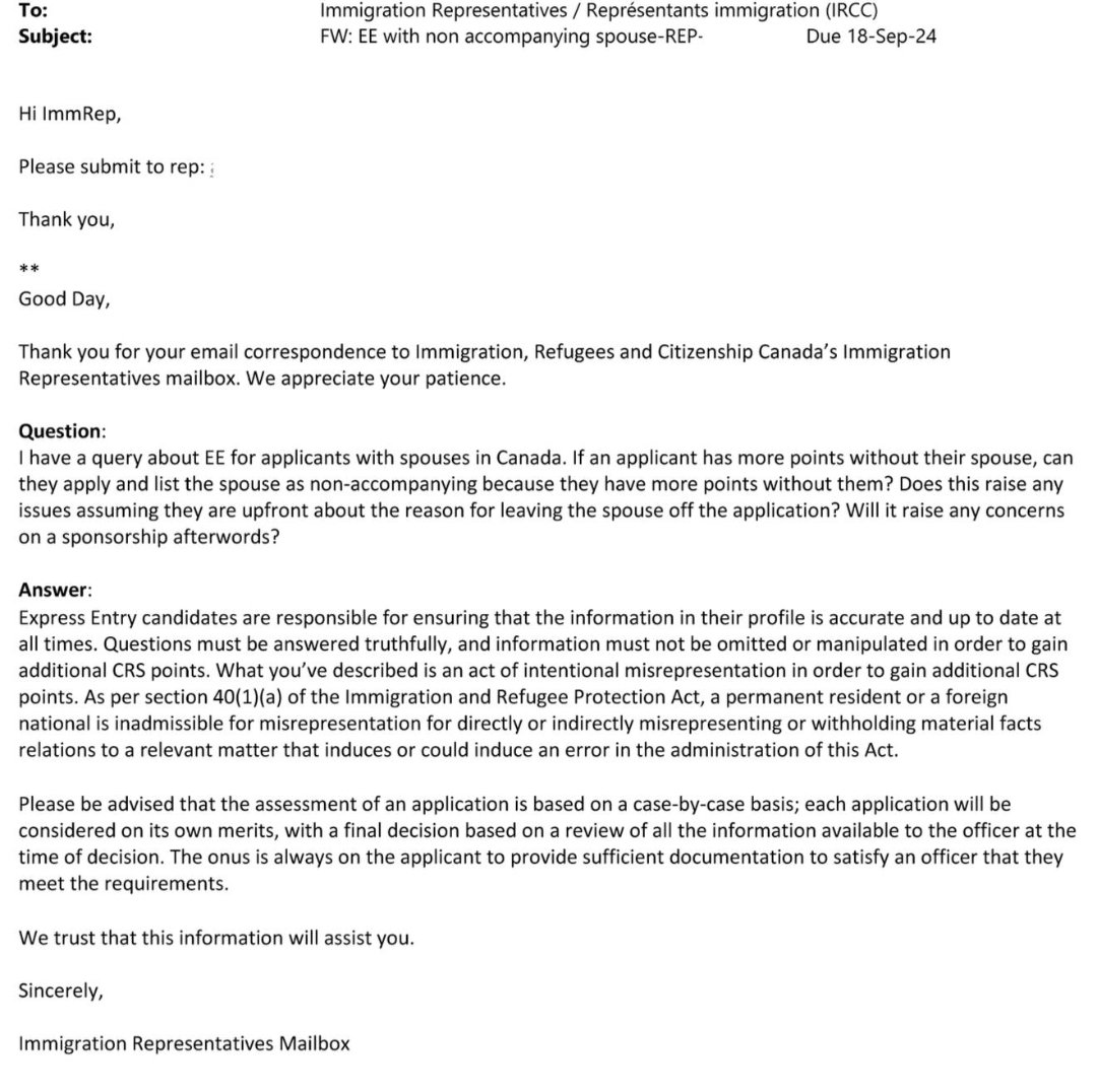 AskKubeir's tweet photo. IRCC, through the representative mailbox has clarified that declaring spouse as non-accompanying in your Express Entry application may be seen as intentional misrepresentation, if done for the purpose of improving CRS score.

Document credit - @MannyLidher https://t.co/wpfNNRWyu5
