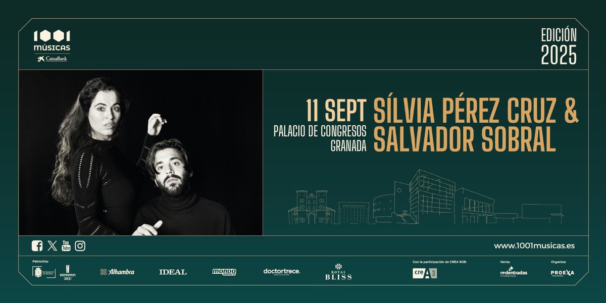 1001musicasfest (@1001musicasfest) on Twitter photo 🌟 <a href="/Sperezcruz/">Sílvia Pérez Cruz</a> , artista sorpresa de #1001Músicas – CaixaBank 2025, cierra el cartel con un concierto muy especial junto a <a href="/salvador_sobral/">Salvador Sobral</a>
📅 Jueves, 11 de septiembre
📍 Palacio de Congresos, Granada
🎟️ Entradas en 1001musicas.es
<a href="/XperienceCABK/">Xperience CaixaBank</a> <a href="/aytogr/">Ayuntamiento de Granada</a> <a href="/2031Granada/">2031 Granada</a> 🌟 <a href="/Sperezcruz/">Sílvia Pérez Cruz</a> , artista sorpresa de #1001Músicas – CaixaBank 2025, cierra el cartel con un concierto muy especial junto a <a href="/salvador_sobral/">Salvador Sobral</a>
📅 Jueves, 11 de septiembre
📍 Palacio de Congresos, Granada
🎟️ Entradas en 1001musicas.es
<a href="/XperienceCABK/">Xperience CaixaBank</a> <a href="/aytogr/">Ayuntamiento de Granada</a> <a href="/2031Granada/">2031 Granada</a>