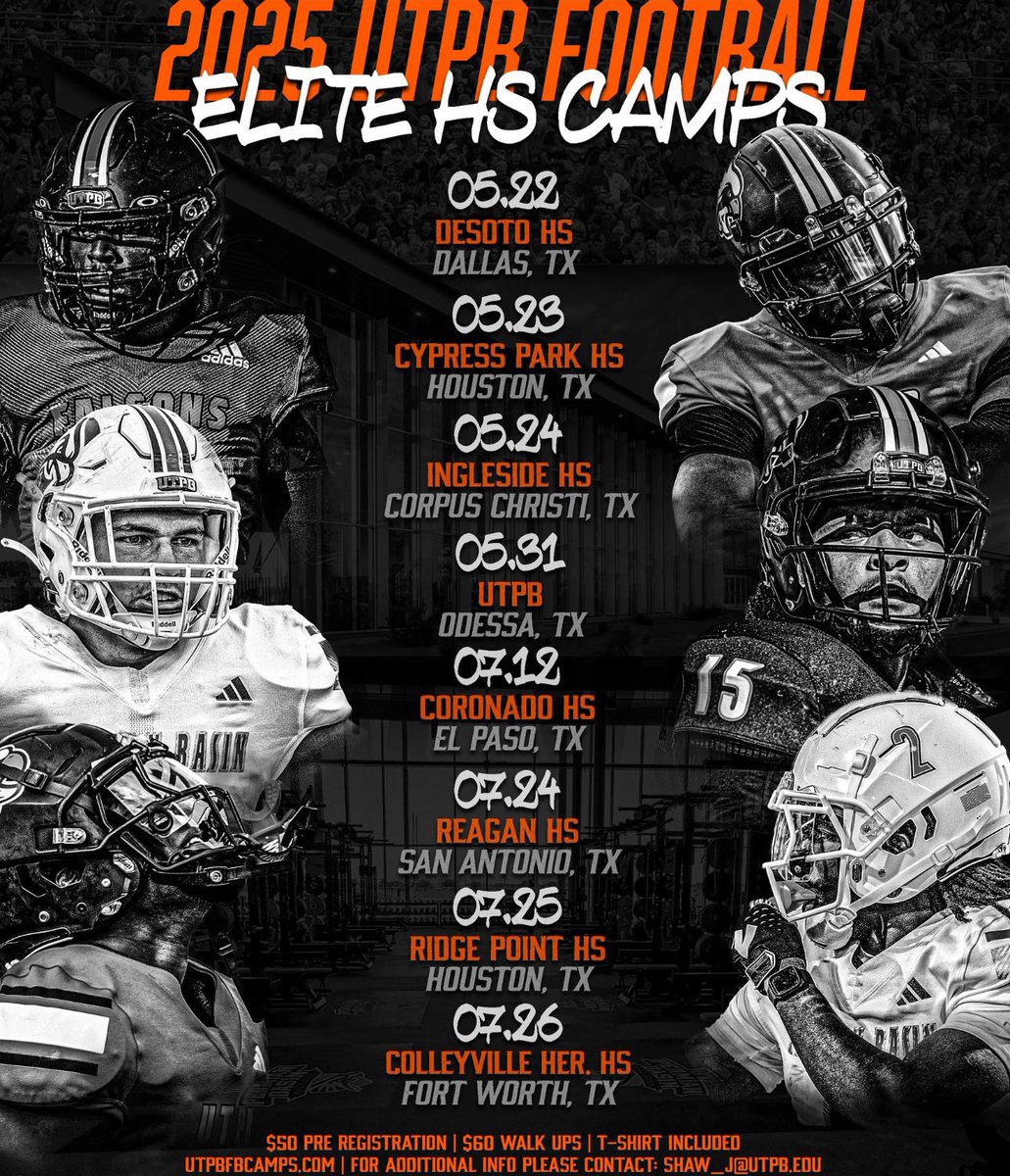 This week’s UTPB Football Camps are:
•May 22 @Desoto High School in Dallas, TX
•May 23 @Cypress Park High School in Houston, TX
•May 24 <a href="/Ingleside/">Ingleside</a> High School in Corpus Christi, TX

If you’re serious about improving your game and showing out in front of college coaches, this