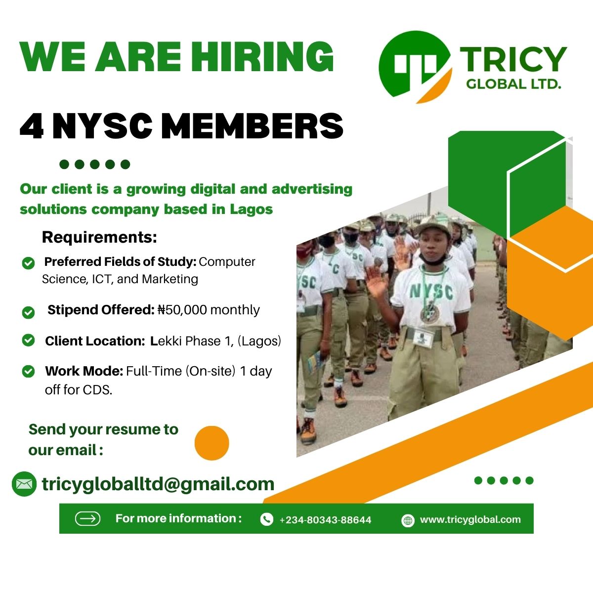 ABAMARA's tweet photo. Vacancy NYSC Corpers                                                                            
Study: Computer Science, ICT, and Marketing
·  Pay : ₦50,000 monthly
·Location:  Lekki Phase 1 (Lagos)
· Work Mode: Full-Time (On-site)  
Send application to tricygloballtd@gmail.com https://t.co/G0ijsP9TJW