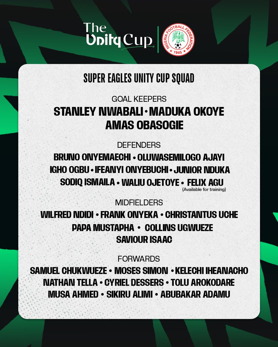 DStvNg's tweet photo. OUR SQUAD FOR THE UNITY CUP IS READY!!!
Other teams should just RSVP “L”. Loss is guaranteed.
Watch the Eagles soar LIVE on DStv.
#UnityCup #Supereagles #TheUnityCup2025 #NGARUS #SoarSuperEagles https://t.co/LjYgIqPXDb