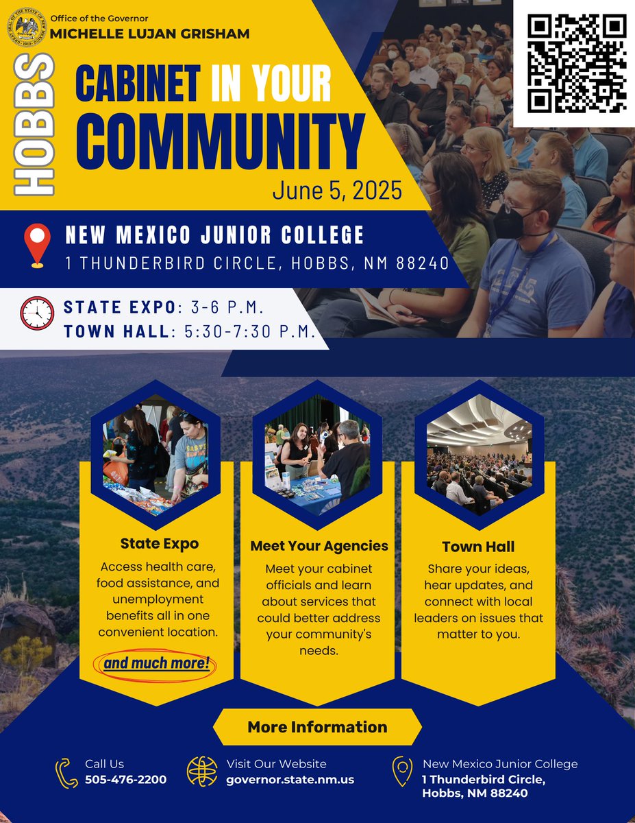On the campus of #NewMexicoJuniorCollege we  invite you to come join us for the opportunity to ask questions and become informed. Governor Lujan-Grisham will be here at the Cabinet in your Community event! 

June 5, 2025 
State Expo: 3-6 PM
Town Hall: 5:30-7:30 PM