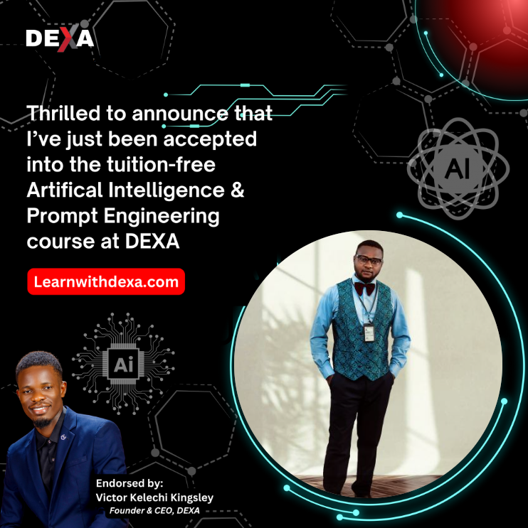 exponent_sam's tweet photo. Excited to announce that I’ve been accepted into the Tuition-Free Gen Artificial  Intelligence &amp; Prompt Engineering Course on DEXA. In three weeks,  I’ll be a certified Gen AI Specialist and Prompt Engineering Expert.
go to: https://t.co/szPpHar7hZ
@LearnwithDEXA #LearnwithDEXA https://t.co/VlTlYPCKNA