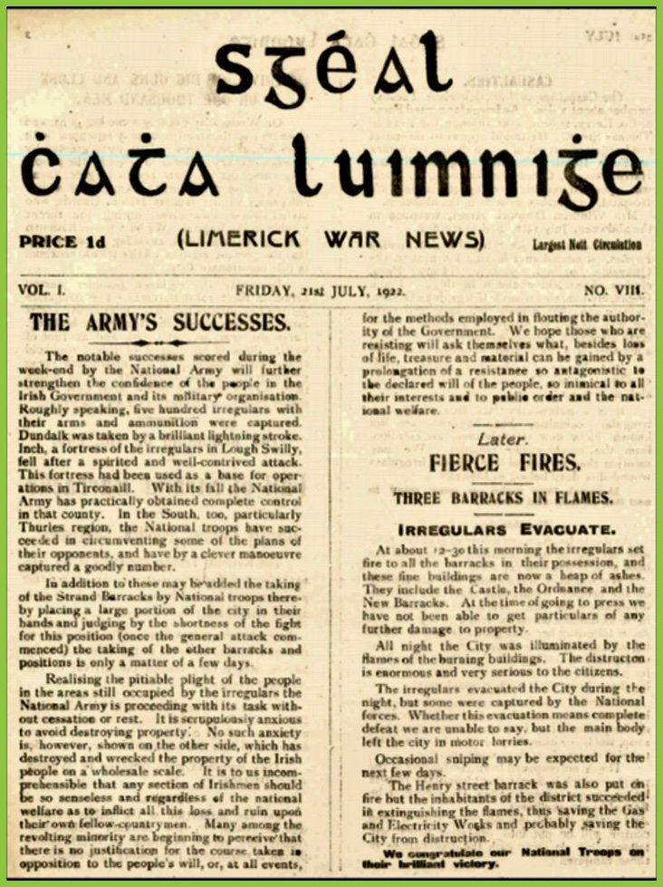 LimerickMuseum's tweet image. Today in 1922.. &quot;Sgéal Chatha Luimnighe&quot; (Limerick War News). Volume 1, No. 8, Friday, 21st July 1922. Articles on what was to become known as the &quot;Fourth Siege of Limerick&quot;. #Limerick #OTD #siege #war #news