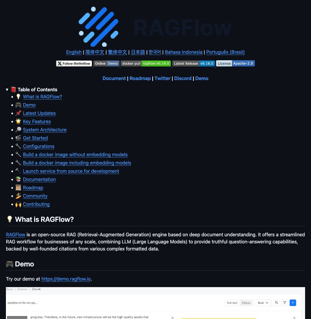 D4Vinci1's tweet image. ragflow by @infiniflowai

Discover RAGFlow, a powerful AI platform that extracts insights from documents with deep understanding &amp;amp; explainability! #AI #NLP #DocumentUnderstanding