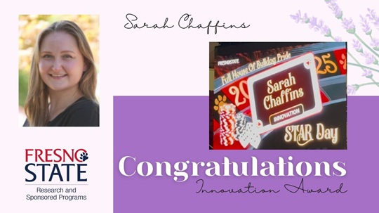 Congratulations to our own Sarah Chaffins (Research Operations Analyst) on receiving the Innovation Staff Award at this year's STAR Day luncheon! #FresnoState