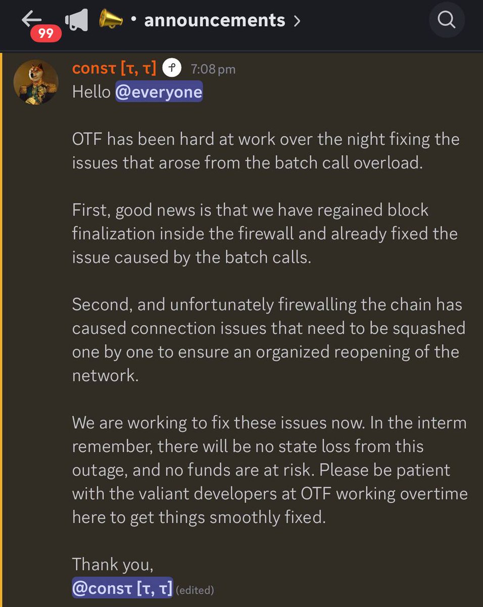 Taotrack (@taotrack) on Twitter photo 🔧🚨 Bittensor Network Update (Good news)
✅ - Block finality has been successfully restored within the firewall.
🛠️- The issue caused by the “Matreshka batch” transaction has been resolved at the protocol level.
🌐 - External node access is being gradually re-enabled to 🔧🚨 Bittensor Network Update (Good news)
✅ - Block finality has been successfully restored within the firewall.
🛠️- The issue caused by the “Matreshka batch” transaction has been resolved at the protocol level.
🌐 - External node access is being gradually re-enabled to
