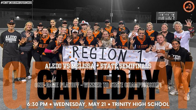 🏆 Regiona 1 𝙎𝙩𝙖𝙩𝙚 𝙎𝙚𝙢𝙞𝙛𝙞𝙣𝙖𝙡𝙨 🏆
<a href="/LadycatSoftbal1/">Ladycat Softball</a>  vs. <a href="/SoftballMelissa/">SoftballMelissa</a> 
📅 Wednesday, May 21th
🕐 6:30 pm.
🎥Livestreams: bit.ly/44kt8Kg
📍 Trinity High School, Euless

<a href="/AledoAthletics/">Aledo Athletics</a> <a href="/RecruitAledo/">Recruit Aledo</a> <a href="/AledoISD/">Aledo ISD</a> <a href="/breleigh_mayer/">Breleigh Mayer</a>