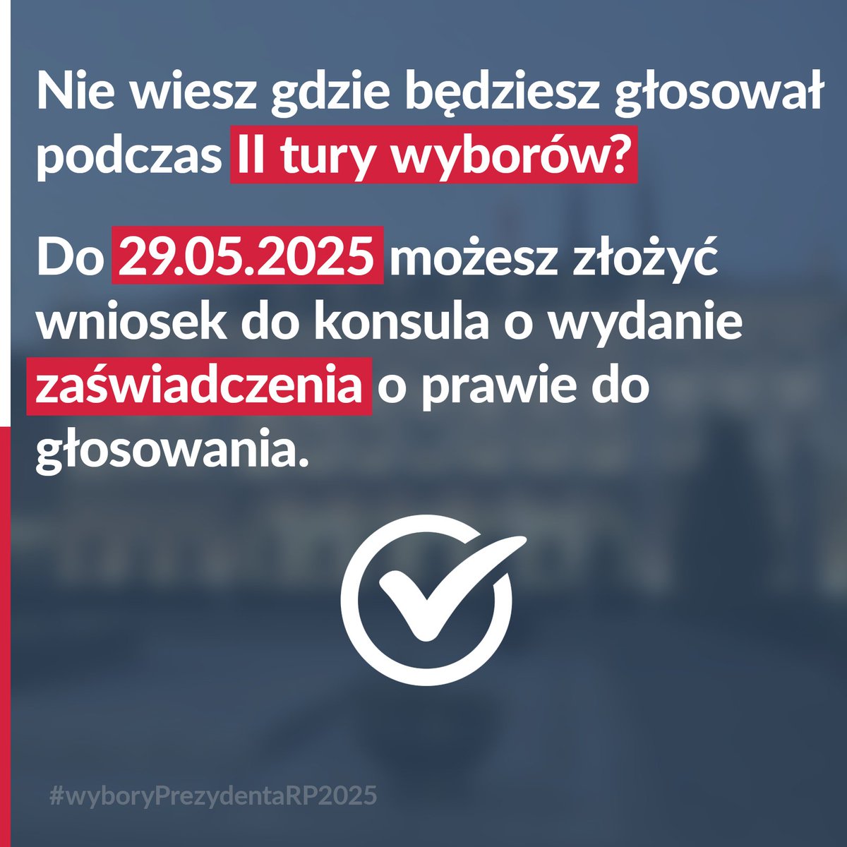 📢 Nie wiesz, gdzie będziesz podczas II tury wyborów?
Do 29.05.2025 możesz złożyć wniosek do konsula o zaświadczenie o prawie do głosowania – dzięki niemu zagłosujesz w dowolnym miejscu! 

Więcej informacji:
gov.pl/web/wielkabryt…

<a href="/PLinEdinburgh/">PLinEdinburgh</a> <a href="/PLinManchester/">PLinManchester🇵🇱</a> <a href="/PLinBelfast/">Konsulat Generalny RP w Belfaście</a>