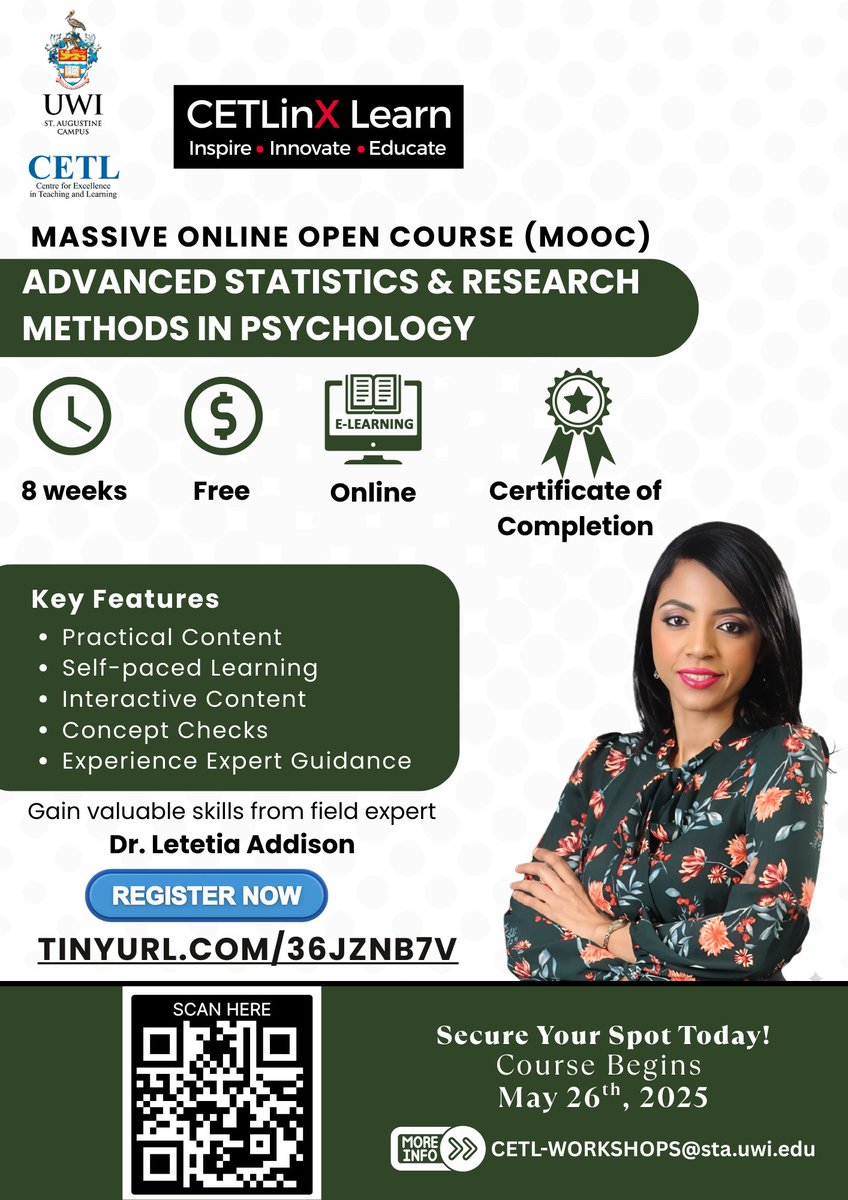 CETL_UWI_STA's tweet photo. 🚨 BIG NEWS! 🚨

We’ve launched our FIRST EVER MOOC — and it’s 100% FREE! 🎉
📊 Applied Statistical Methods for Research
✅ Self-paced
✅ No cost
✅ Real-world skills

📝 Register now ➡️https://t.co/mD7eUqkICG https://t.co/LLFihpJMhk