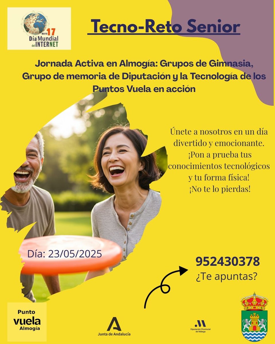 Ptovuelaalmogia's tweet photo. 💻🧠 ¡Llega el #TecnoRetoSenior a Almogía! Unimos deporte, memoria y TIC para celebrar el #DíaDeInternet2025 de una forma activa y divertida 🎉🏃‍♀️📲
📍 23 de mayo – Almogía
💪 ¡Mayores conectad@s y en forma!
@marcocros @PuntosVuela #MayoresDigitales #Almogía #Internet2025 https://t.co/n5sOLez7AA