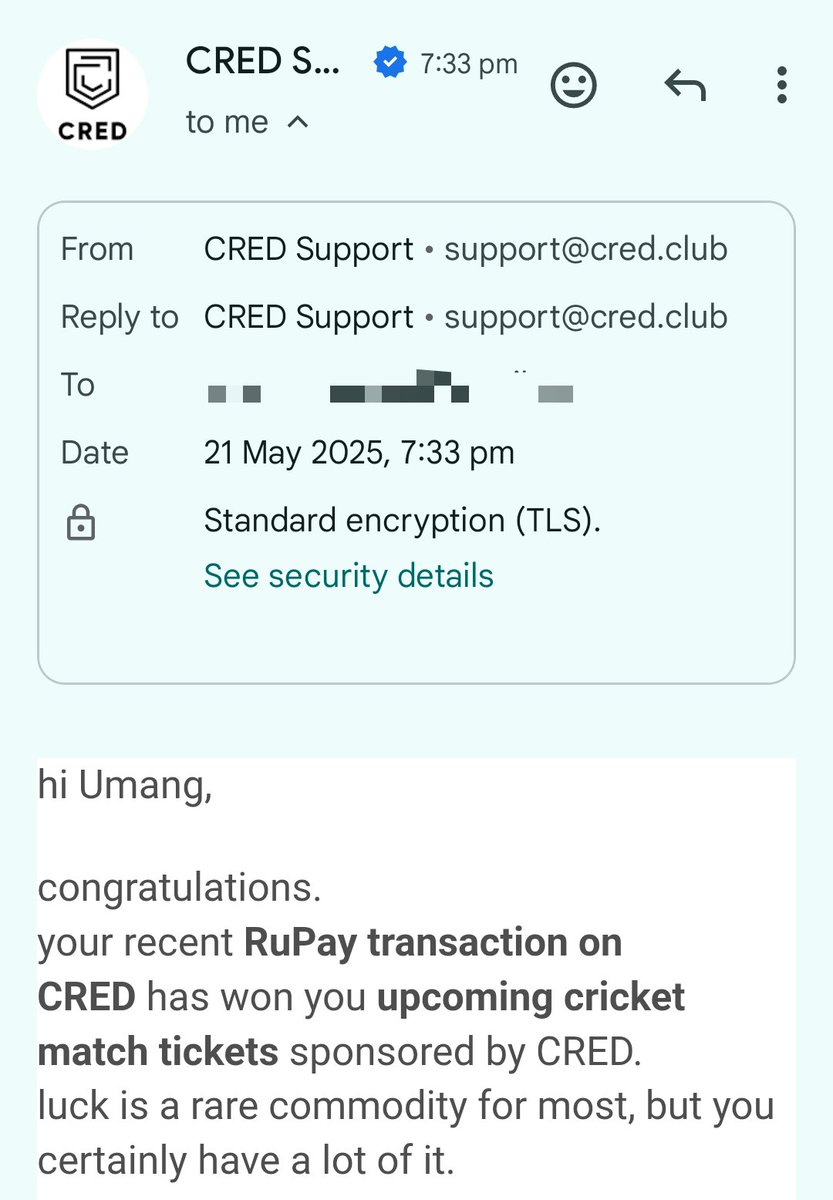 Just won IPL match tickets from <a href="/CRED_club/">CRED</a>. Well as per call recieved and email notification. Everything looks genuine so far. <a href="/CRED_support/">CRED Support</a>