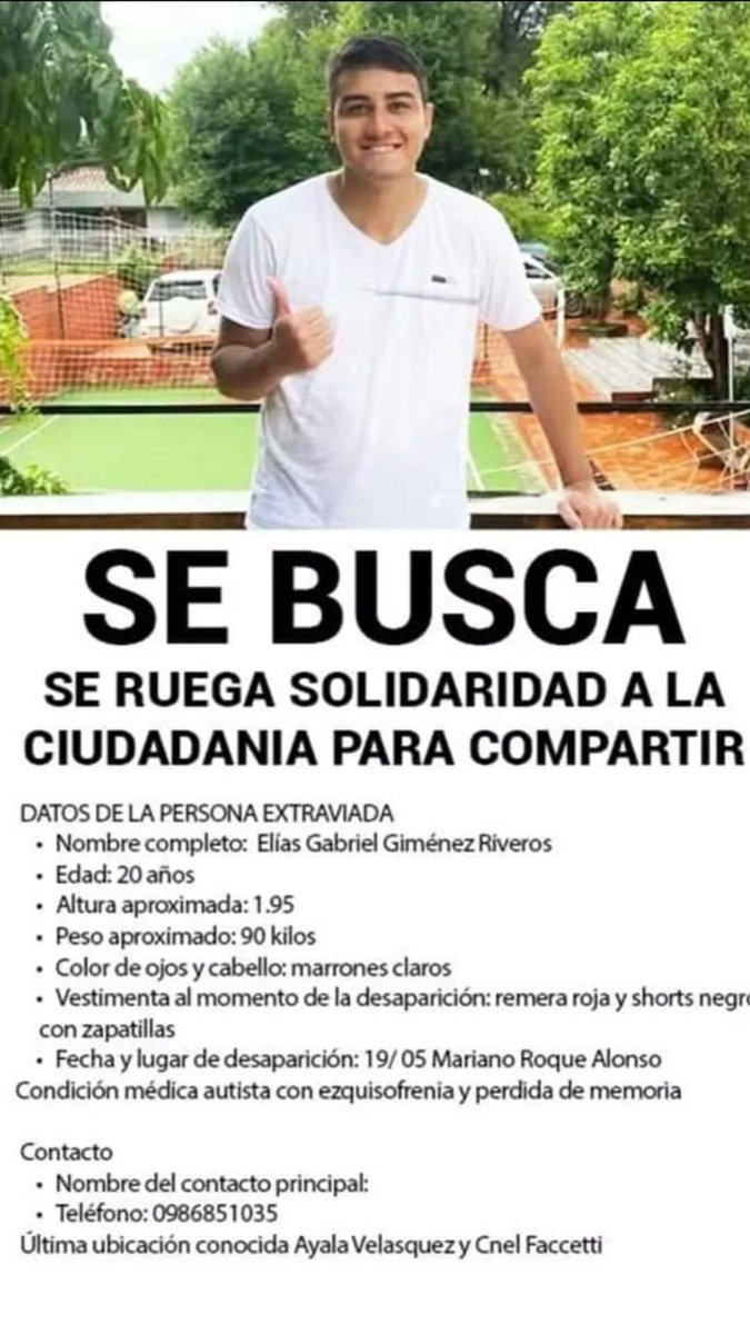 ▶️SE BUSCA | 🚨  

💥Familiares y amigos de Elías Giménez piden ayuda para localizar al joven.   

📞Dejaron un número de celular para brindar algunos datos sobre el desaparecido: 0986851035.