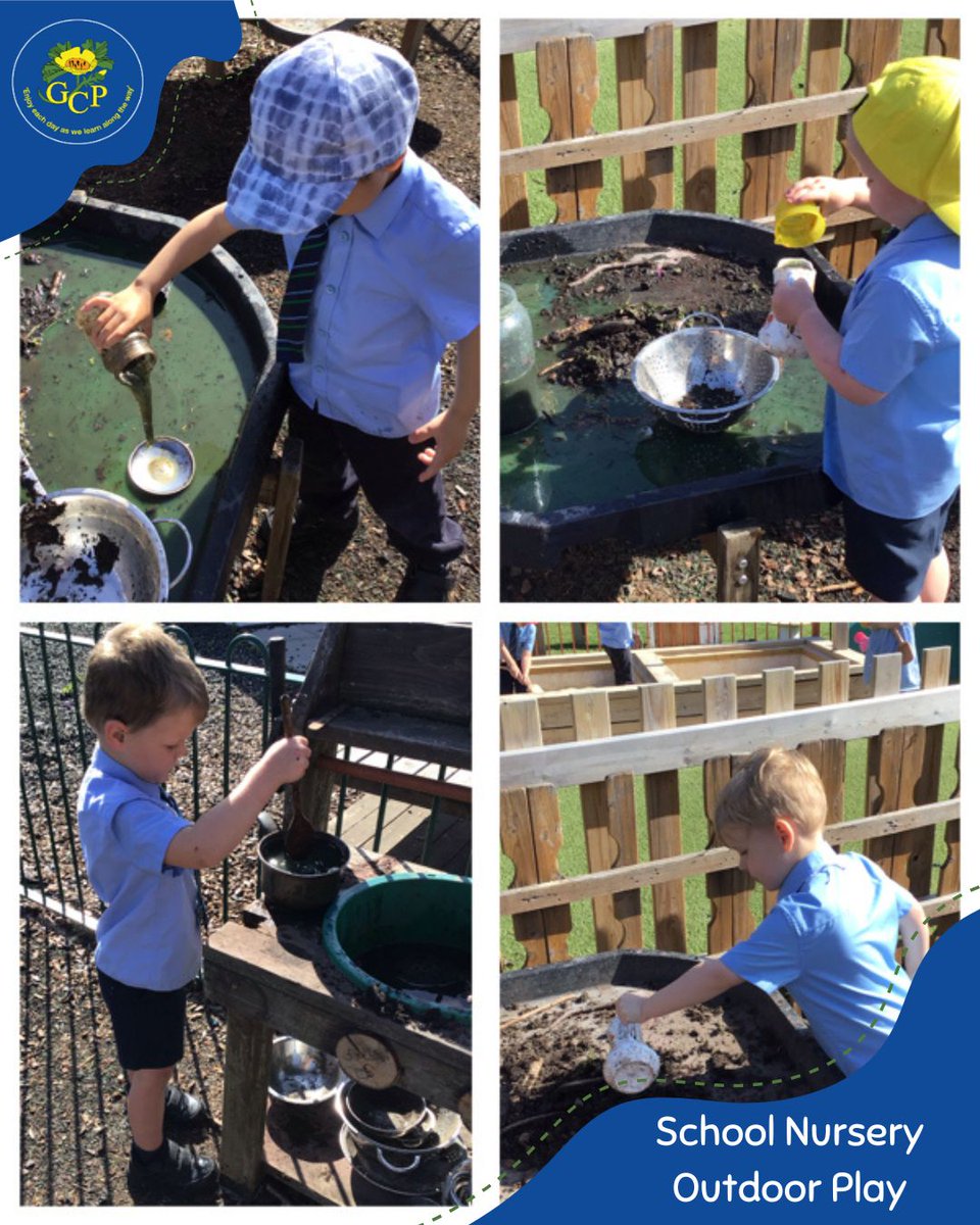 School Nursery children explored the outdoors, enhancing their motor skills in the mud kitchen and sand area. They collaborated to create magical potions, cakes, tea, and ice cream using their imaginations.