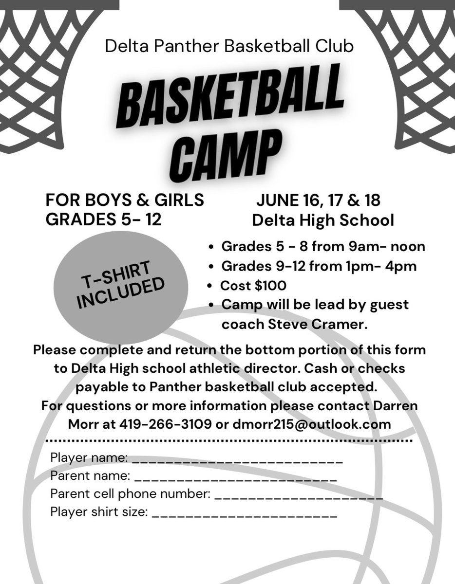 Reminder registration is still open for the Delta Panther Basketball Club Camp being held June 16th - 18th