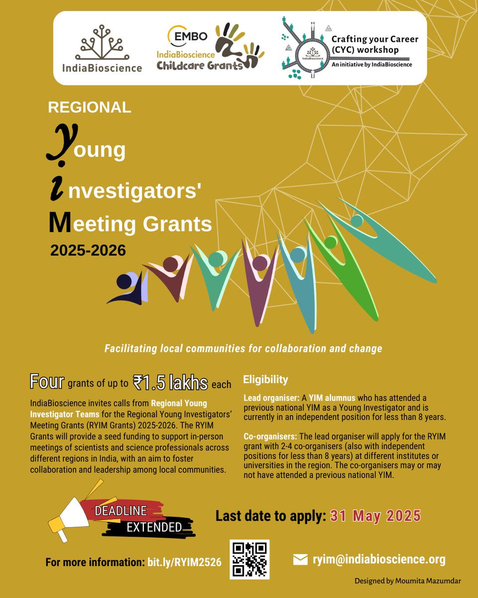 IndiaBioscience.org (@indiabioscience) on Twitter photo 🚨 Deadline Extended!
The Regional Young Investigators’ Meeting (RYIM) Grants 2025–2026 is still open for applications!
📅 New Deadline: 31 May 2025 (11:59 PM IST)
🔗 Apply: bit.ly/RYIM2526
What’s included: 
👉Host a Crafting Your Career (CYC) workshop for young 🚨 Deadline Extended!
The Regional Young Investigators’ Meeting (RYIM) Grants 2025–2026 is still open for applications!
📅 New Deadline: 31 May 2025 (11:59 PM IST)
🔗 Apply: bit.ly/RYIM2526
What’s included: 
👉Host a Crafting Your Career (CYC) workshop for young
