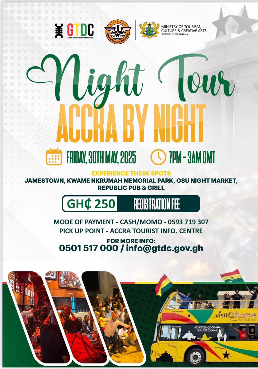 You need to experience #AccraByNight, it’s a fun packed experience. Not long talk. Check details on the flyer.

Come one, come all

Contact : 0501517000 to order your ticket now

<a href="/gtdc_ghana/">GTDC</a>