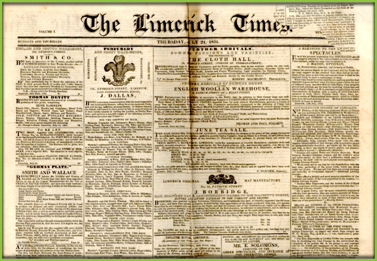 LimerickMuseum's tweet image. Today in 1834.. Pick up a copy of &quot;The Limerick Times&quot;, Thursday July 24th 1834. Printed by Joseph Haydn at the office of the Limerick Times, 40 Patrick Street, Limerick City. #Limerick #OTD #newspaper #Patrickstreet