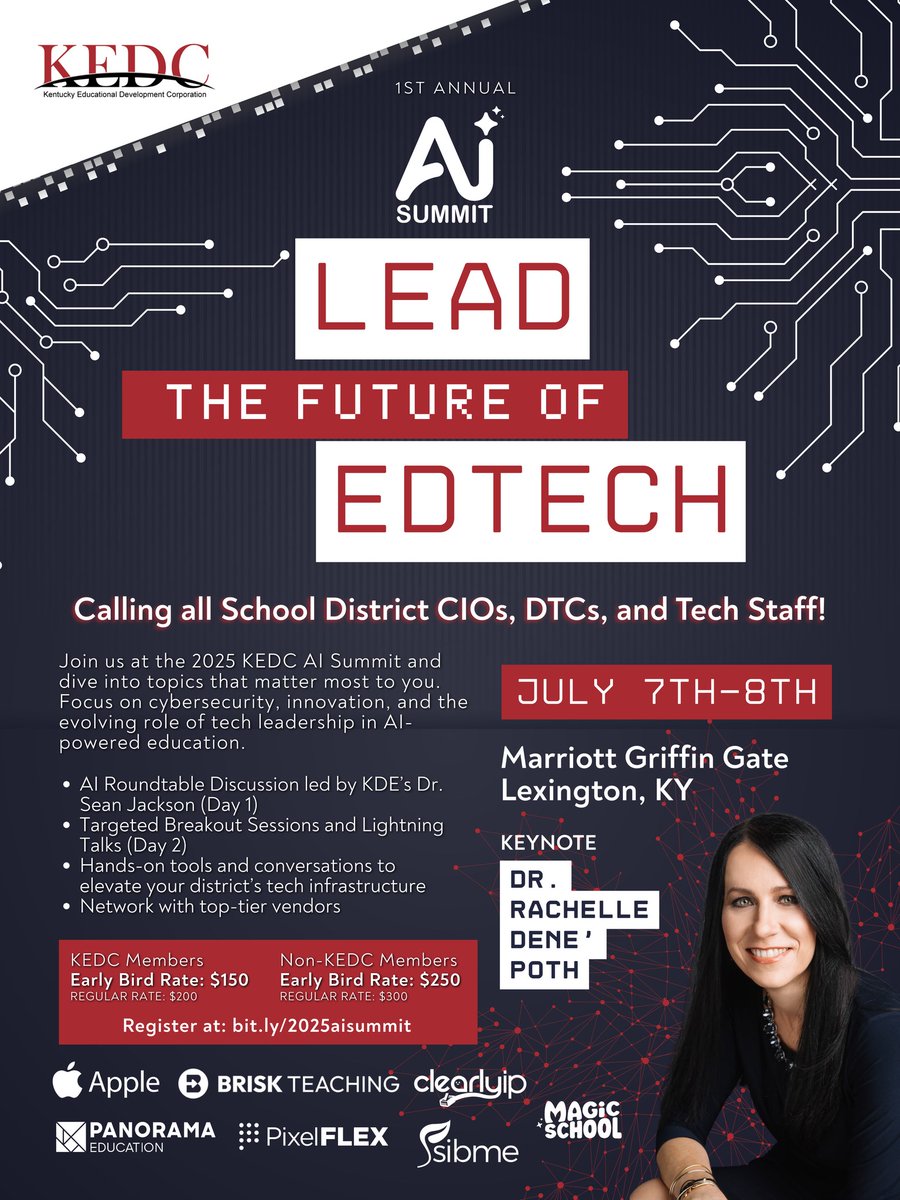 🚨 Don't miss this! 🚨
📢 Calling all School District CIOs, DTCs, and Tech Leaders!
Join us for the 1st Annual KEDC AI Summit 🧠🤖 happening July 7–8 at Marriott Griffin Gate in Lexington, KY!
🔗 Register now: bit.ly/2025aisummit
