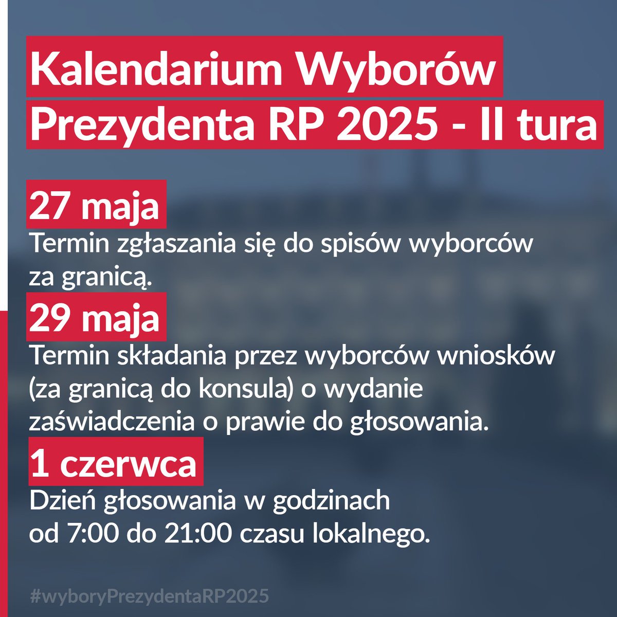 Kalendarium II tury wyborów Prezydenta RP 2025:
🗓️ do 27.05  (23:59) – zgłoszenie do spisu wyborców  
🗓️ do 29.05 – wniosek o zaświadczenie do głosowania
🗓️ 1.06 (7:00–21:00) – głosowanie
Szczegóły na stronie ⤵️
gov.pl/web/wielkabryt…
<a href="/PLinEdinburgh/">PLinEdinburgh</a> <a href="/PLinManchester/">PLinManchester🇵🇱</a> <a href="/PLinBelfast/">Konsulat Generalny RP w Belfaście</a>
