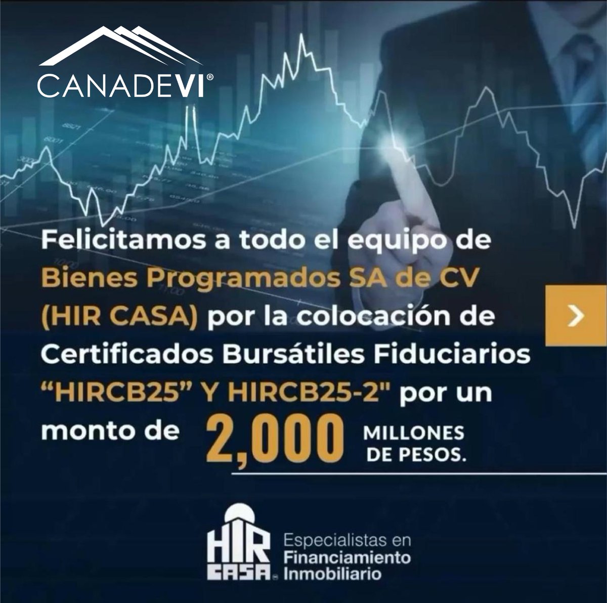 CANADEVINAC's tweet photo. 🎉 #CANADEVI felicita a nuestros socios estratégicos @HIRCasaMexico por su cuarta y quinta emisión en la Bolsa Mexicana de Valores.
Un gran paso en el fortalecimiento del financiamiento inmobiliario en México. 👏
#HIRCasa #FinanciamientoInmobiliario #CANADEVI https://t.co/iWlO3iupBb