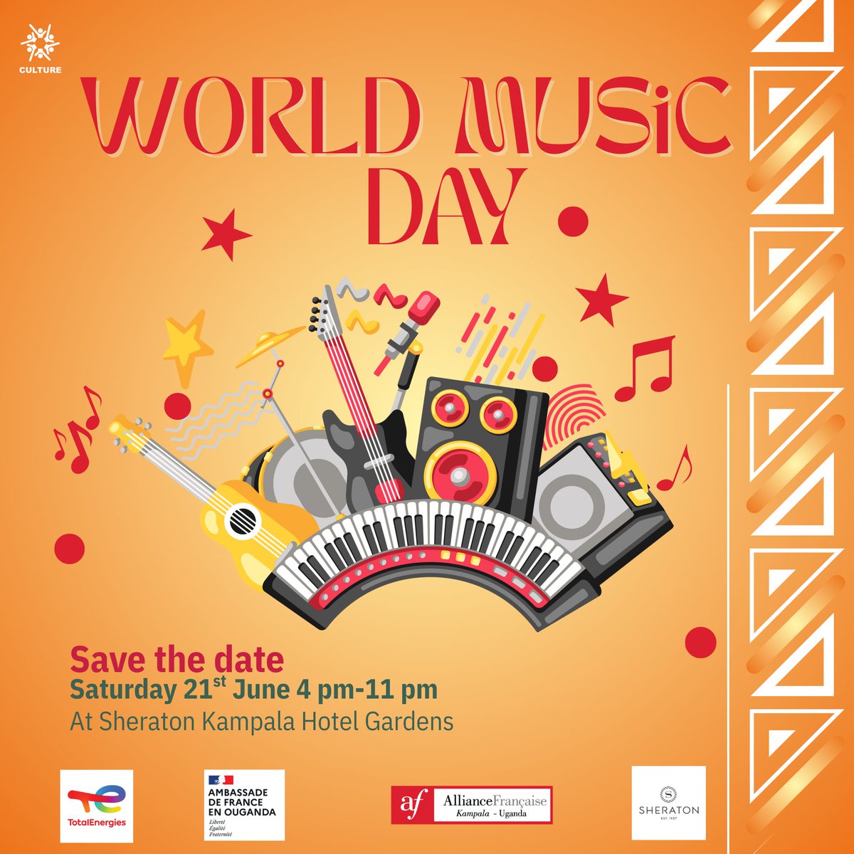 ✨We're thrilled to announce that Fête de la Musique is back! 🎶 
🎤Join us on 21st June 2025 as we celebrate the universal language of music in the heart of Kampala at the @kampalasheraton gardens 🥁.
Stay tuned for more details!💃🏽🕺

#WorldMusicDay2025