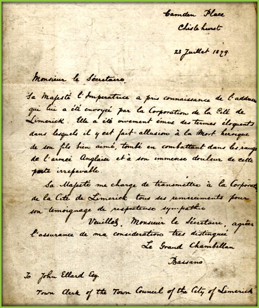LimerickMuseum's tweet image. Today in 1879.. Empress Eugénie de Montijo sends a Letter to John Ellard, Town Clerk of Limerick, thanking him for the Councils expression of sympathy on the death of her son Eugène Louis Bonaparte, in Zulu Land. #Limerick #OTD #Napoleon #france