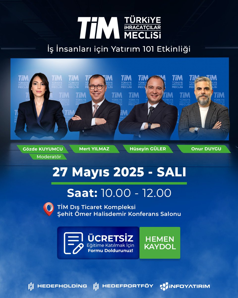 Hedef Holding olarak Türkiye İhracatçılar Meclisi iş birliği ile gerçekleştireceğimiz Türkiye ve küresel piyasalardaki gelişmeler hakkındaki 'İş İnsanları İçin Yatırım 101' etkinliğine davetlisiniz. 

Etkinlikte makroekonomik tahminler, enflasyona karşı korunmada yatırım fonları