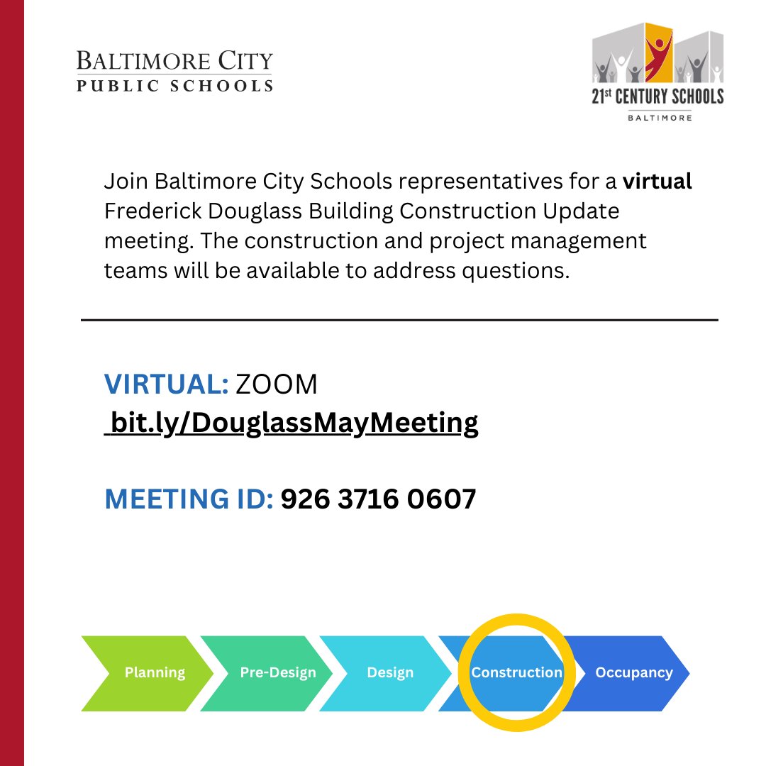 21st Century Schools, Frederick Douglass High School, and Joseph C. Briscoe Academy will hold a virtual-only community meeting on May 28, 2025, at 5:00 pm through Zoom.

To join this meeting, please visit the 21st Century Website: baltimore21stcenturyschools.org/frederick-doug…