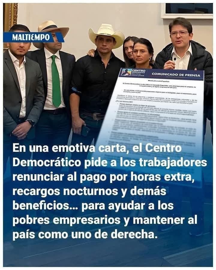 Así o más infelices...
Los Congresistas del Centro Democrático piden a los trabajadores renunciar al cobro de horas extras y recargos nocturnos.
No les bastó el 30% o 35% de aumento de las fortunas de los empresarios en el año anterior?
Mucho aridos!