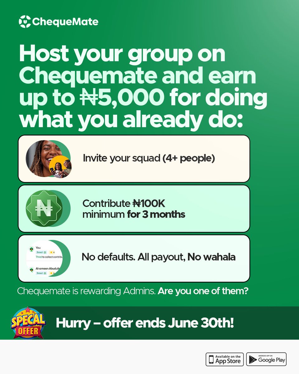 Chequemate is rewarding Admins! 🥳🥳

Host your Ajo group on Chequemate and earn up to 5,000 Naira 🤩

Hurry, offer ends 30th of June!