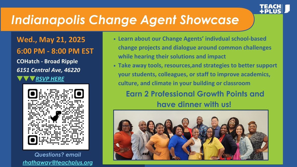 Join us this evening at 6pm ET for our Indianapolis Change Agent Showcase! Dinner will be provided, and attendees can earn 2 Professional Growth Points! Registration Link: tinyurl.com/3p668m79