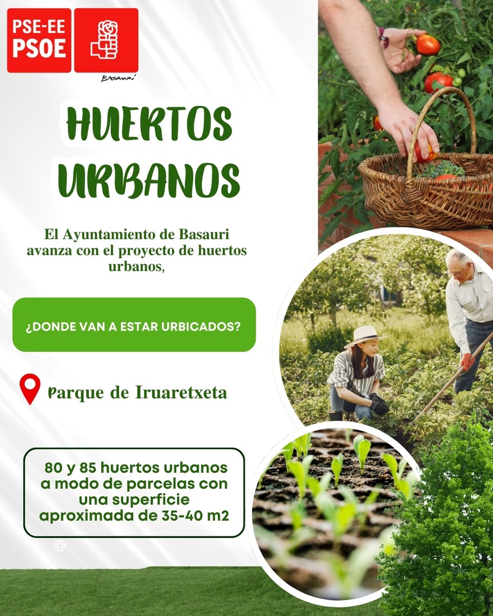 psebasauri's tweet photo. 🌱Basauri tendrá huertos urbanos en #Iruaretxeta: entre 80-85 parcelas, aula ambiental y espacio comunitario.
✅ Un compromiso de nuestro plan de mandato.
🌿 Proyecto contra el cambio climático.
💶 Licitación: 42.350 €
📅 Adjudicación tras el verano.
#lapoliticautil #basauri https://t.co/mSNUnCTsDX