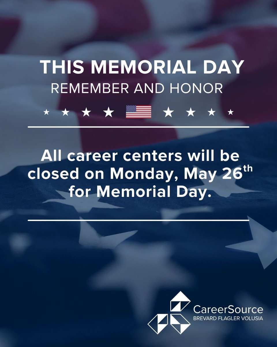 All career centers will be closed on Monday, May 26th to honor Memorial Day. In addition, our Rockledge career center will be closed on Friday, May 23, 2025, for essential maintenance. We will resume normal operations on Tuesday, May 27, 2025.