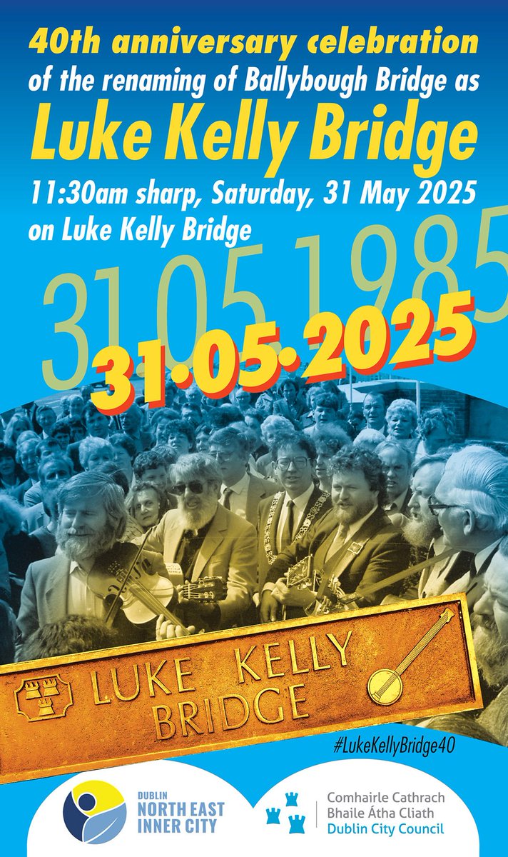NollaignamBanIE's tweet photo. Ballybough is preparing for the 40 year anniversary of the renaming of the Luke Kelly Bridge 🎶🪕Live music with legendary folk singer Chris Kavanagh &amp; Niamh Kelly. Sat 31st May at 11:30 am #LukeKellyBridge40 kindly sponsored by @DubCityCouncil and @NEIC_Dublin https://t.co/9uVbuC5y5v