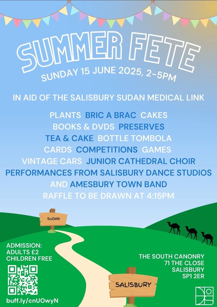 The popular Summer Fete, in aid of the Salisbury Sudan medical link, is coming up on Sunday 15th June, 2-5pm in the garden of the South Canonry at the kind invitation of Bishop Stephen &amp; his wife Carol. £2 donation for adults, kids go in free, more details ⬇️