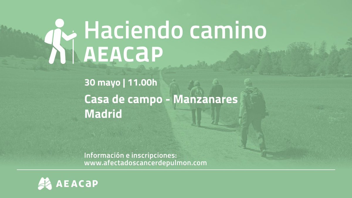 Cáncer de Pulmón (@aeacap) on Twitter photo 🔵🫁<a href="/AEACaP/">Cáncer de Pulmón</a> ha organizado una nueva sesión de 'Haciendo camino' #Madrid
🗓️ 30 de mayo
🕙 10h
📍Estación Lago de la Línea 10 de metro
➡️Se visitará la Casa de Campo y el río Manzanares
❗️Podrán asistir un máximo 25 personas
ℹ️ Inscríbete en 👉afectadoscancerdepulmon.com/haciendo-camin… 🔵🫁<a href="/AEACaP/">Cáncer de Pulmón</a> ha organizado una nueva sesión de 'Haciendo camino' #Madrid
🗓️ 30 de mayo
🕙 10h
📍Estación Lago de la Línea 10 de metro
➡️Se visitará la Casa de Campo y el río Manzanares
❗️Podrán asistir un máximo 25 personas
ℹ️ Inscríbete en 👉afectadoscancerdepulmon.com/haciendo-camin…